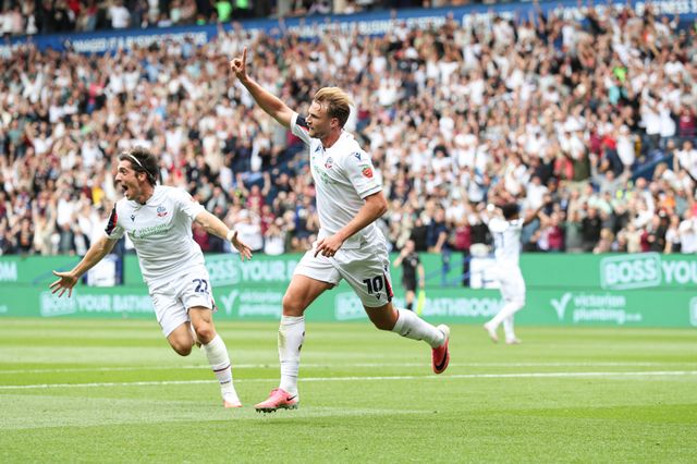 Callum Lang of Preston North End celebrates after scoring to make it 1-0 during the Sky Bet Championship match Bolton Wanderers vs Preston North End at Toughsheet Community Stadium, Bolton, United Kingdom on 15 August 2026

(Photo by Jorge Horsted/News Images)