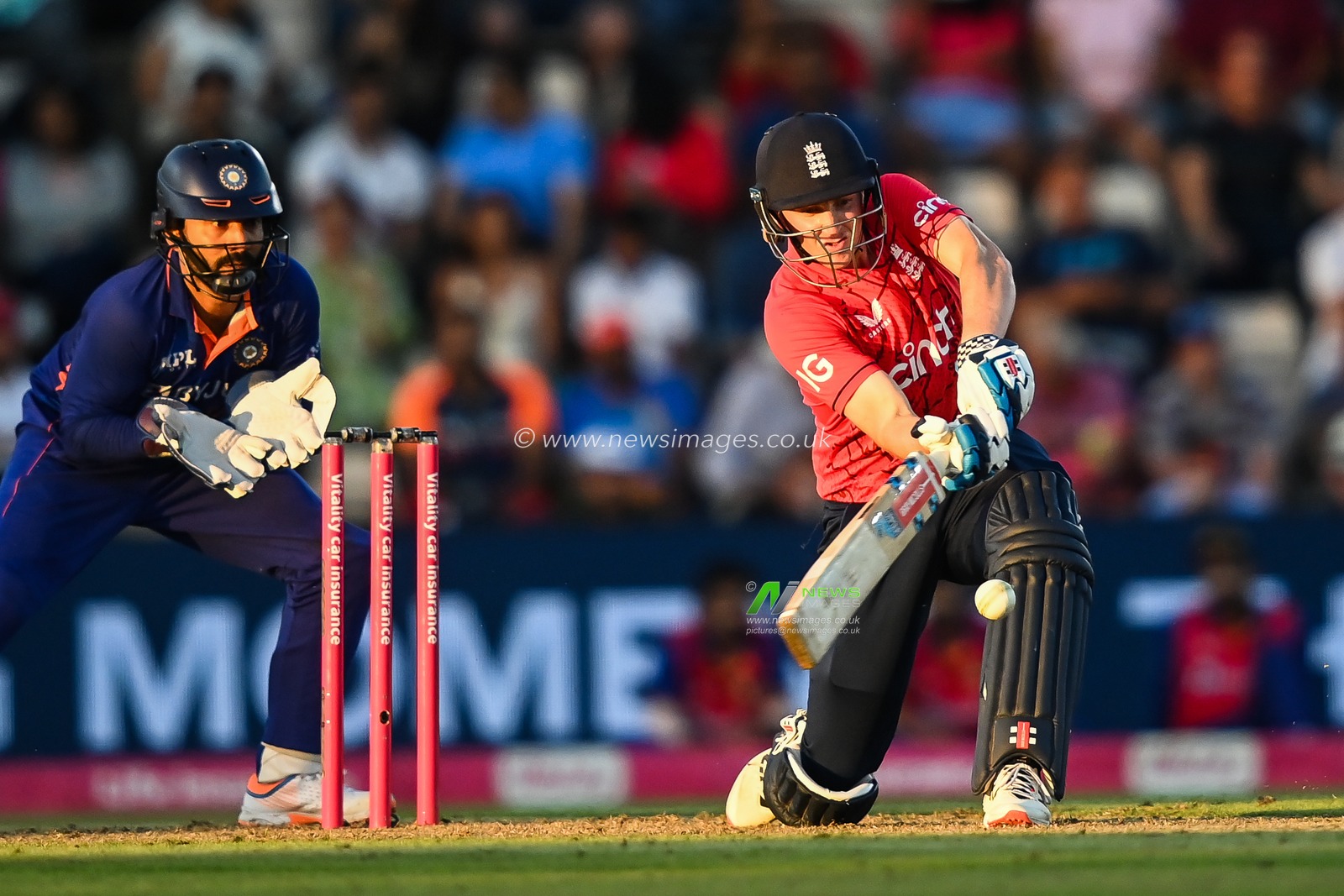 Harry Brook of England makes one run off the bowling of Yuzvendra Chahal of India