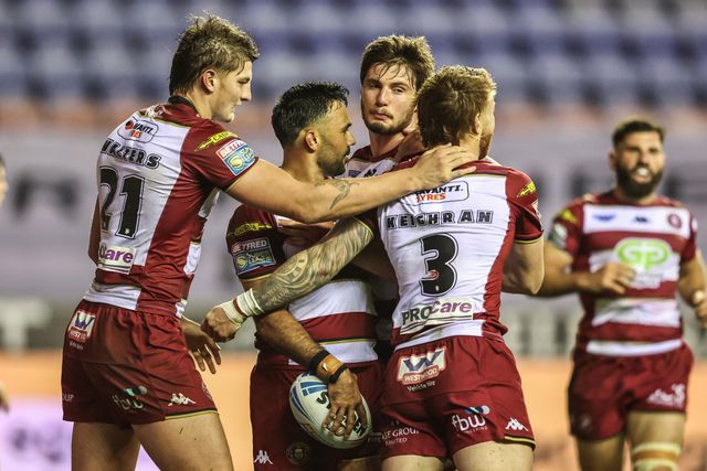 Bevan French of Wigan Warriors celebrates his try during the Betfred Super League Semi Final 1 match Wigan Warriors vs Leigh Leopards at The Brick Community Stadium, Wigan, United Kingdom, 3rd October 2025

(Photo by Alfie Cosgrove/News Images)
