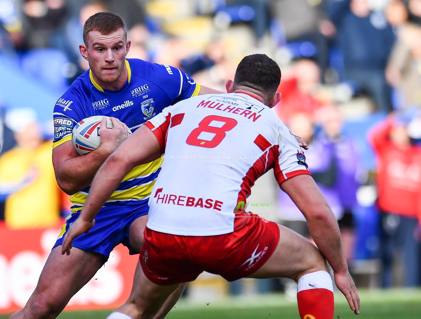 9th February 2019 , Halliwell Jones Stadium, Warrington, England;  Betfred Super League, Round 2, Warrington Wolves vs Hull KR  ; Jack Hughes (12) of Warrington in action 

Credit: Craig Thomas/News Images
