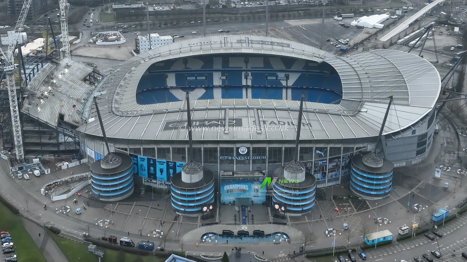 An aerial view of the Etihad Stadium showing construction of North Stand expansion ahead of the UEFA Champions League Knockout Round Play-off Manchester City v Real Madrid at Etihad Stadium, Manchester, United Kingdom, 11th February 2025

(Photo by Mark Cosgrove/News Images)