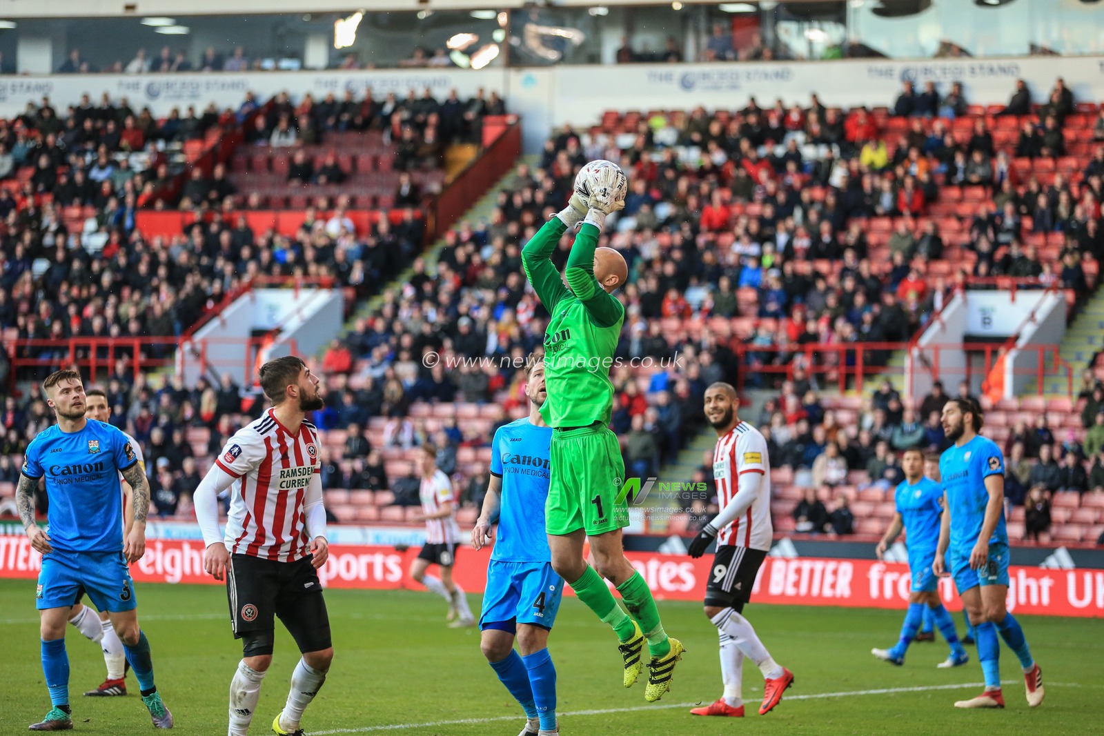6th January 2019, Bramall Lane, Sheffield, England ; The Emirates FA Cup, 3rd Round, Sheffield United vs Barnet Town : Mark Cousins of Barnet jumps up to catch the ball from a corner 

Credit: Mark Cosgrove/News Images

English Football League images are subject to DataCo Licence