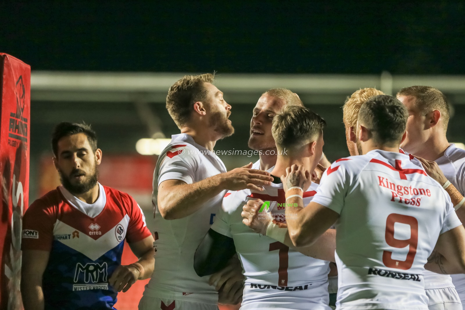 17th October 2018 , Leigh Sports Village,  Leigh, England;  Rugby League International, England v France ; Tom Burgess of England  celebrates his try 


Credit:   Mark Cosgrove/News Images