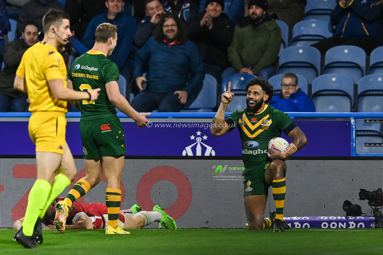 Josh Addo-Carr of Australia celebrates his fourth try of the game during the Rugby League World Cup 2021 Quarter Final match Australia vs Lebanon at John Smith's Stadium, Huddersfield, United Kingdom, 4th November 2022

(Photo by Craig Thomas/News Images)