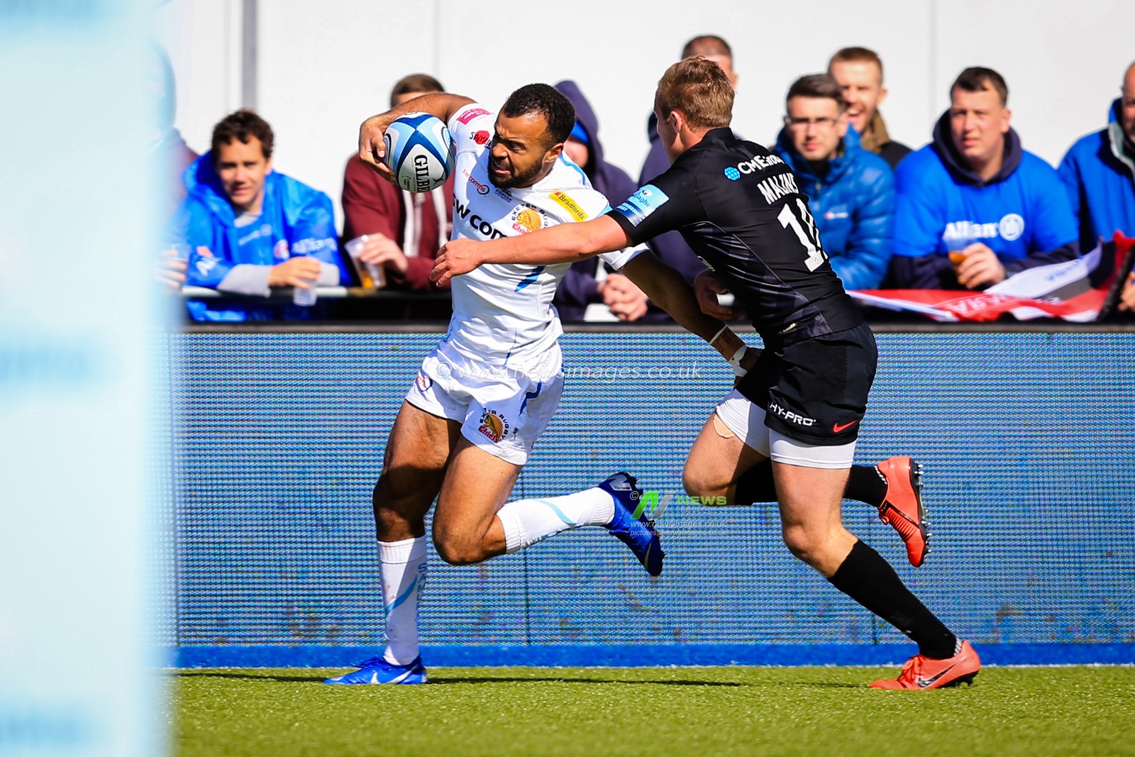 4th May 2019 , Allianz Park , London, England; Gallagher Premiership, Saracens vs Exeter Chiefs ; Tom Oâ€™Flaherty (14) of Exeter makes a great run before being tackled ahead of the try line


Credit: Georgie Kerr/News Images