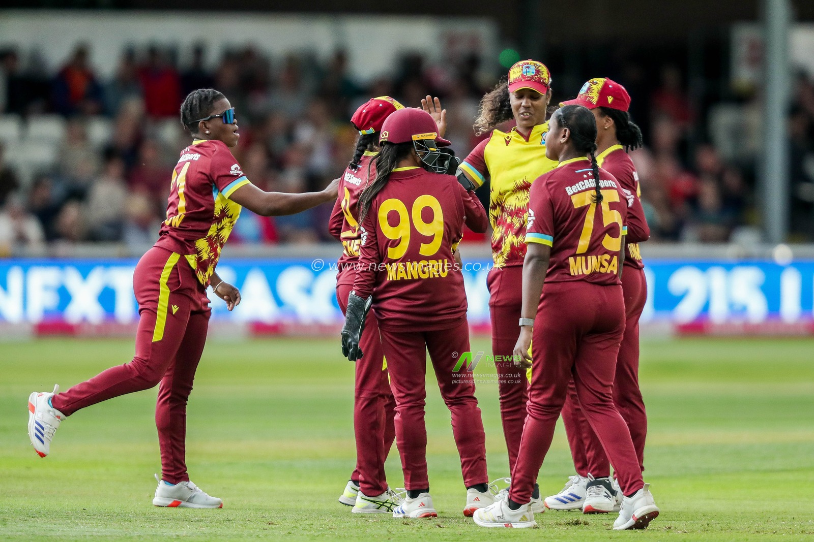 West Indies Women celebrate celebrates after dismissing Amy Jones of England Women during the 3rd Vitality IT20 Series match England Women vs West Indies Women at The Cloud County Ground, Chelmsford, United Kingdom, 26th May 2025

(Photo by Izzy Poles/News Images)