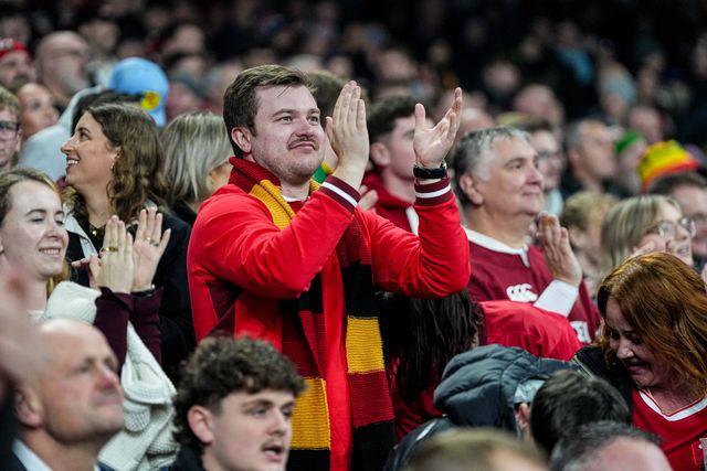 Welsh fans celebrate their first try during the Quilter Nations Series 2025 match Wales vs New Zealand at Principality Stadium, Cardiff, United Kingdom, 22nd November 2025

(Photo by Andrew Lewis/News Images)

*** GER AUT SUI OUT ***
