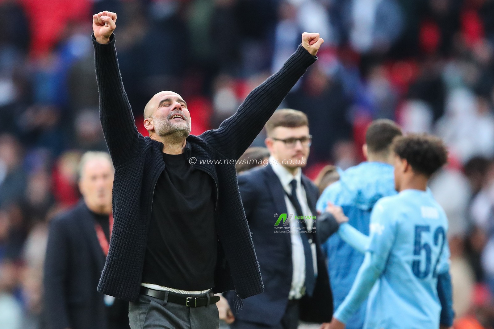 Pep Guardiola manager of Manchester City celebrates his teams win after the Emirates FA Cup Semi-Final match Manchester City vs Chelsea at Wembley Stadium, London, United Kingdom, 20th April 2024

(Photo by Gareth Evans/News Images)