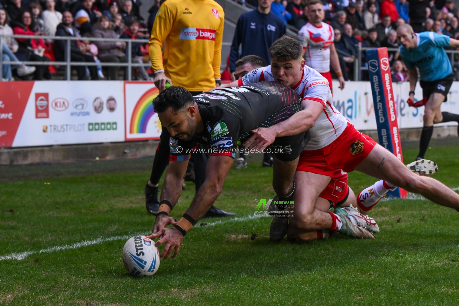 Bevan French of Wigan Warriors goes over for a tryduring the Betfred Super League Round 6 match St Helens vs Wigan Warriors at Totally Wicked Stadium, St Helens, United Kingdom, 29th March 2024

(Photo by Craig Thomas/News Images)