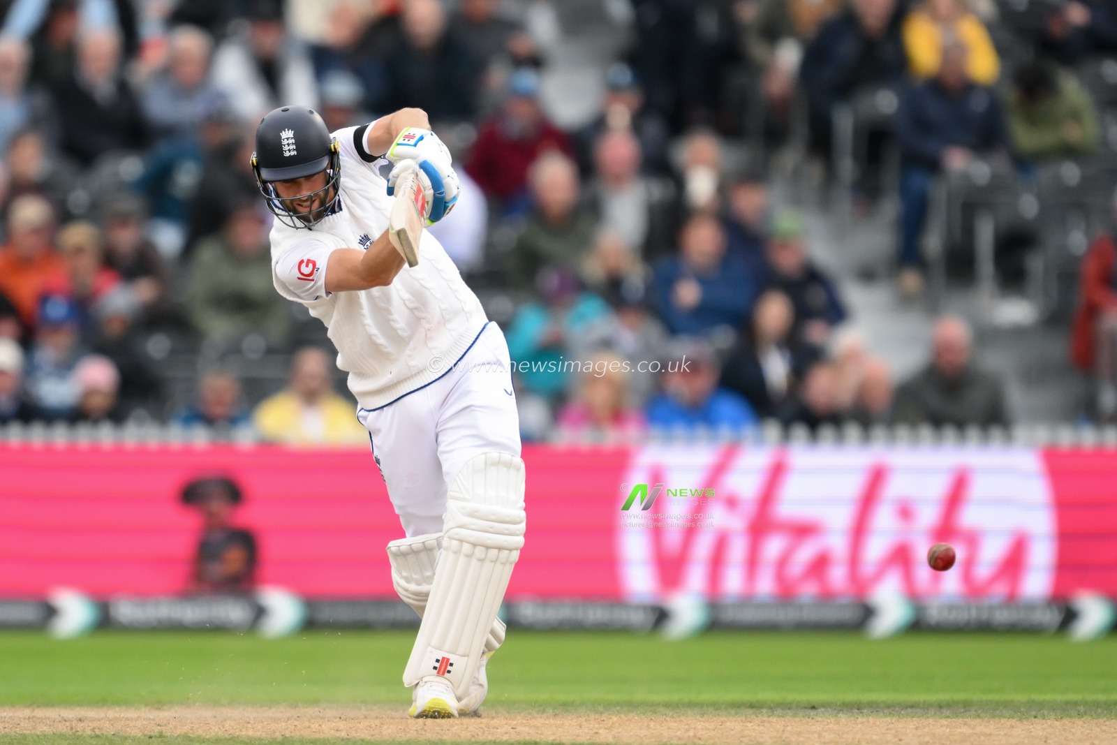 Chris Woakes of England hits a single run during the England Men v Sri Lanka 1st Rothesay Test Match Day 2 at Old Trafford, Manchester, United Kingdom, 22nd August 2024

(Photo by Craig Thomas/News Images)