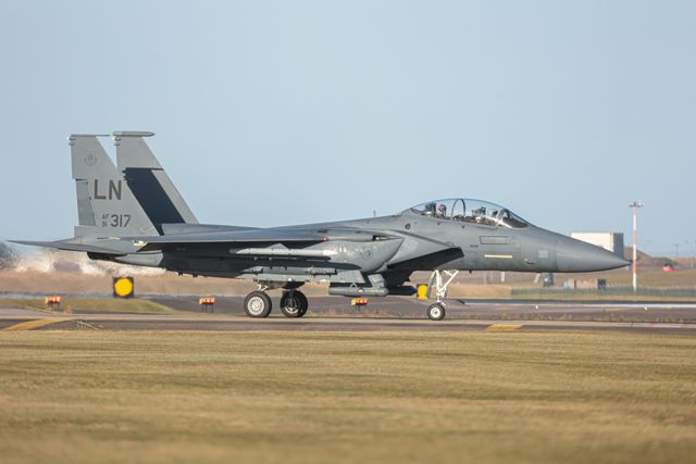 A USAF F15 assigned to the 48th Fighter Wing conducts a combat readiness exercise at RAF Lakenheath, Lakenheath, United Kingdom, 28th August 2025

(Photo by Seth Rose/News Images)
