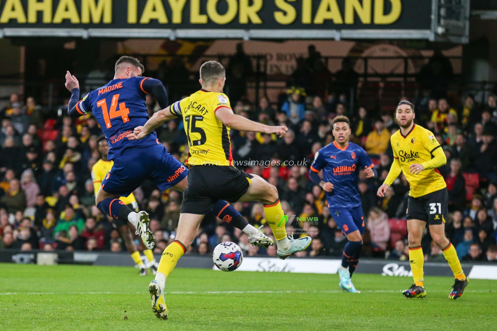 Gary Madine #14 of Blackpool attacks a cross during the Sky Bet Championship match Watford vs Blackpool at Vicarage Road, Watford, United Kingdom, 14th January 2023

(Photo by Arron Gent/News Images)