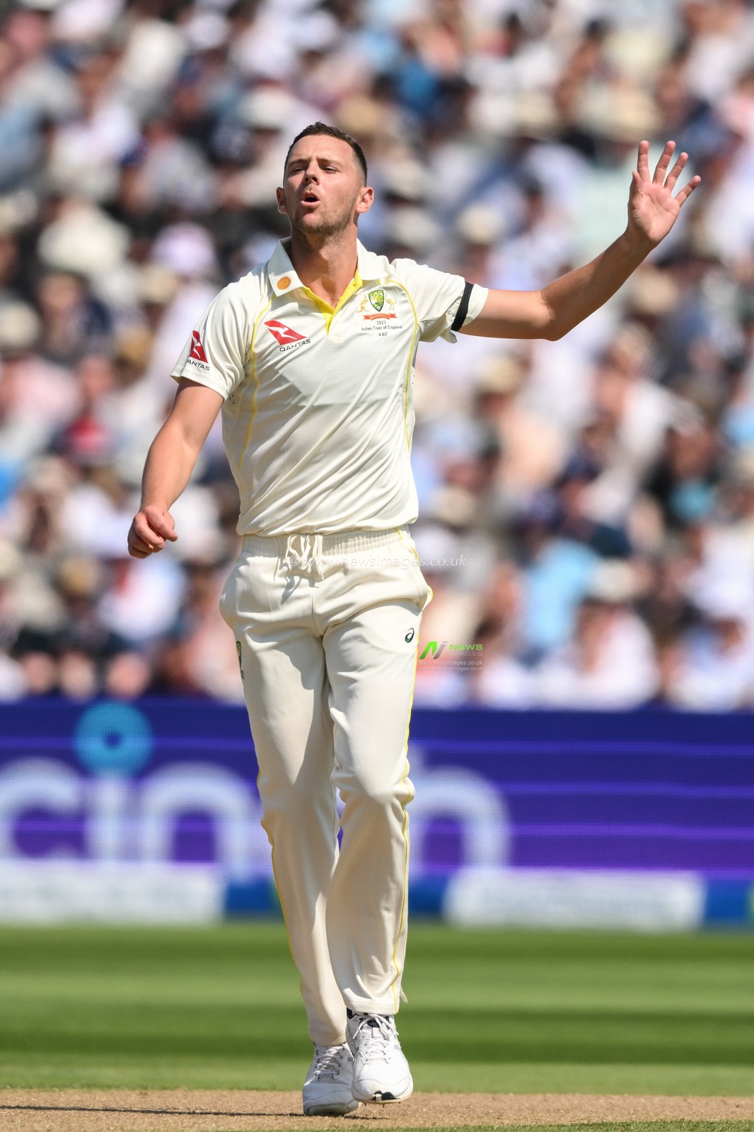 Josh Hazlewood of Australia reacts after delivering the ball during the LV= Insurance Ashes First Test Series Day 1 England vs Australia at Edgbaston, Birmingham, United Kingdom, 16th June 2023

(Photo by Craig Thomas/News Images)