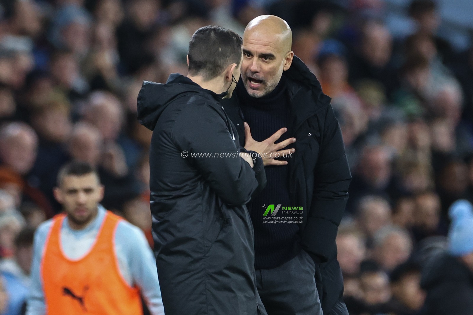 Pep Guardiola manager of Manchester City speaks to the fourth official during the Premier League match Manchester City vs Brentford at Etihad Stadium, Manchester, United Kingdom, 20th February 2024

(Photo by Mark Cosgrove/News Images)