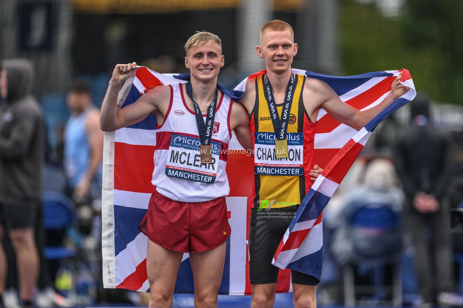 Finley Mclear and Ben Pattison on the podium after the mens 800m final during the Microplus UK Athletics Championships Day 2 at Manchester Regional Arena, Manchester, United Kingdom, 30th June 2024

(Photo by Craig Thomas/News Images)