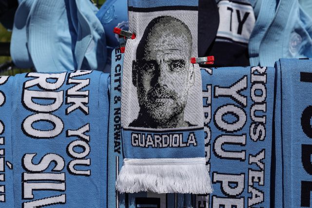 A Pep Guardiola manager of Manchester City  scarf on sale during the Premier League match Manchester City vs Aston Villa at Etihad Stadium, Manchester, United Kingdom on 24 May 2026

(Photo by Mark Cosgrove/News Images)