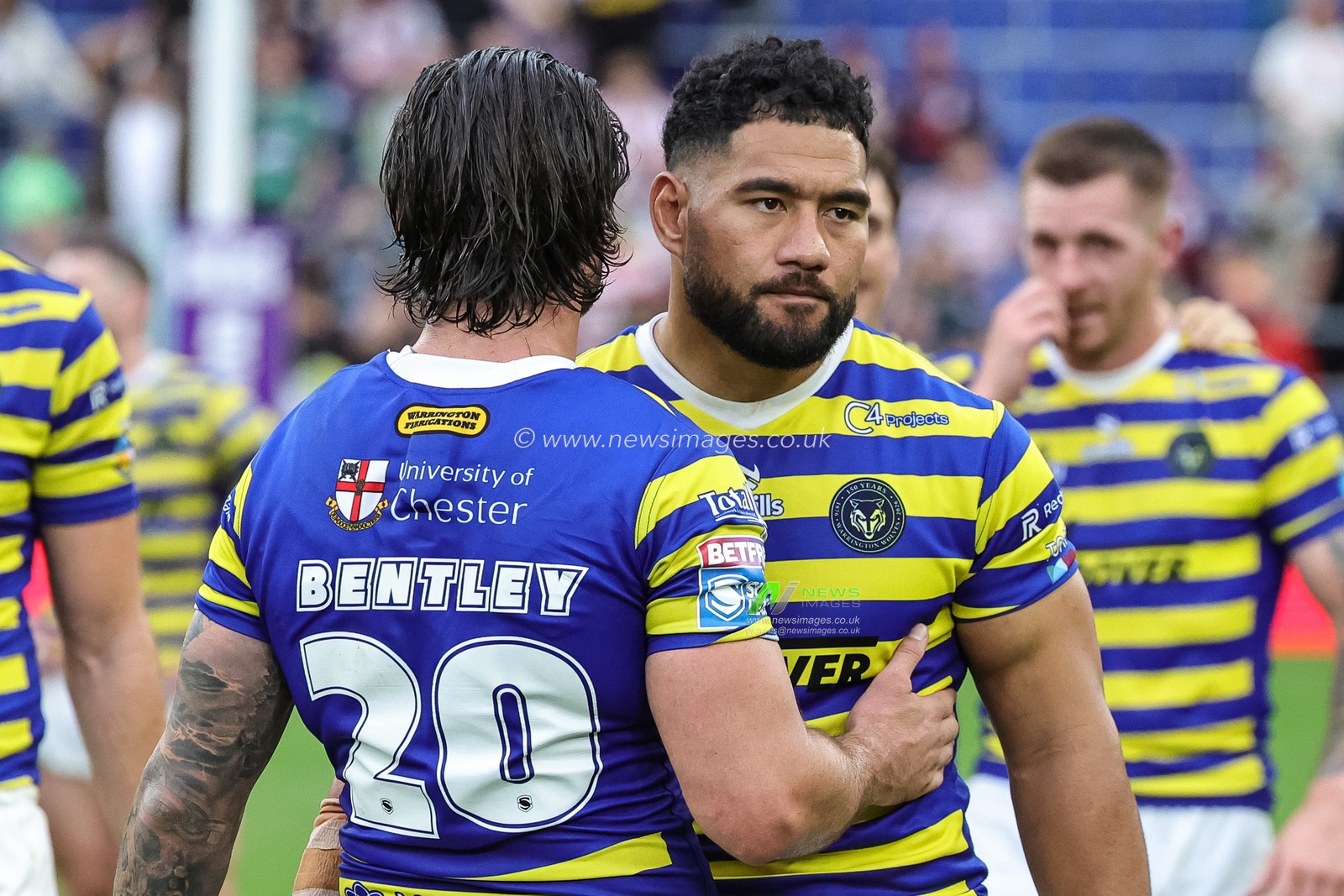 James Bentley of Warrington Wolves embraces Kelepi Tanginoa of Warrington Wolves during the Betfred Super League Magic Weekend match Leigh Leopards vs Warrington Wolves at Hill Dickinson Stadium, Liverpool, United Kingdom on 04 July 2026

(Photo by Mark Cosgrove/News Images)