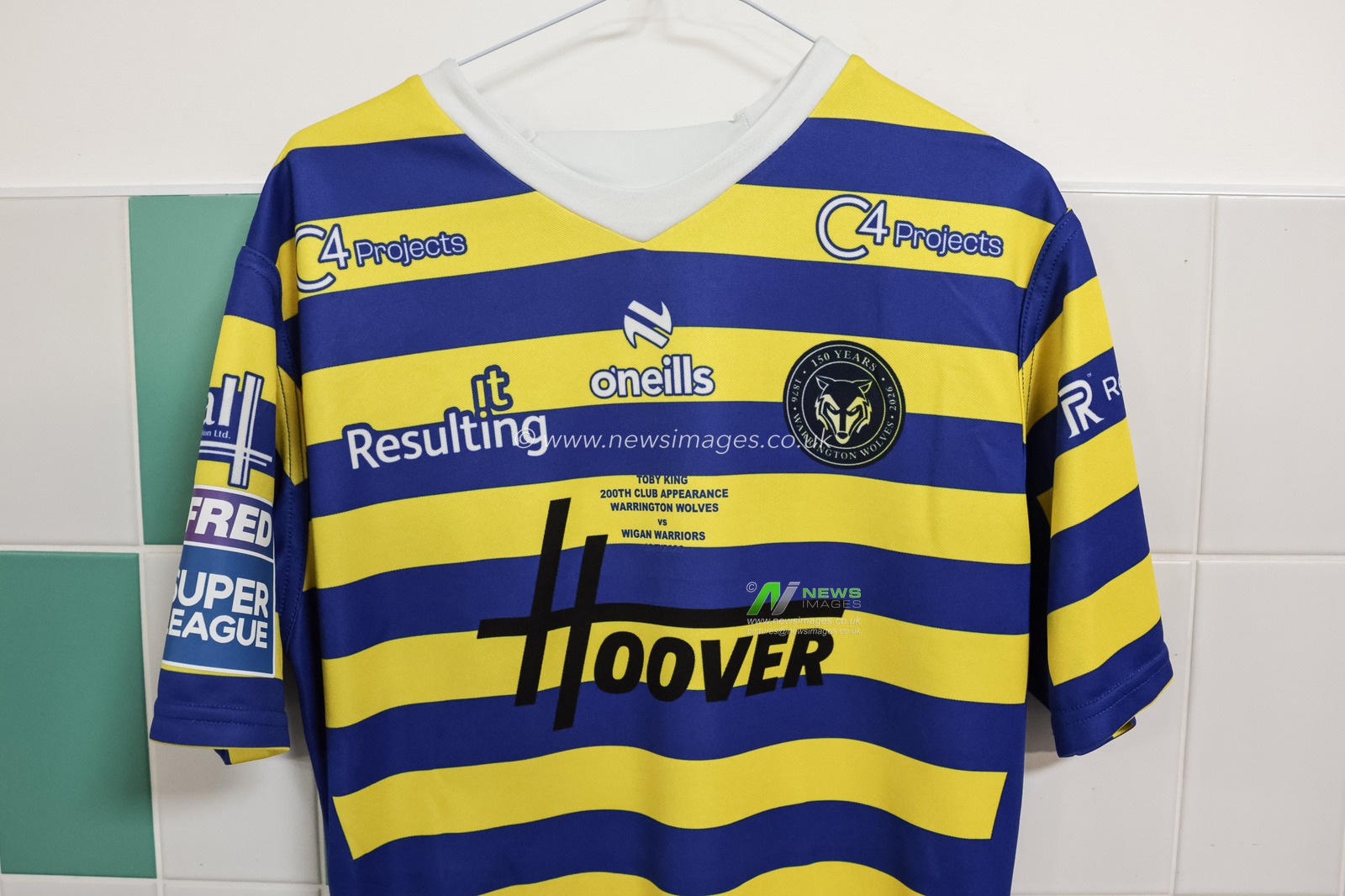 The shirt of Toby King of Warrington Wolves on his 200th Warrington appearance during the Betfred Super League round 18 match Wigan Warriors vs Warrington Wolves at The Brick Community Stadium, Wigan, United Kingdom on 10 July 2026

(Photo by Mark Cosgrove/News Images)