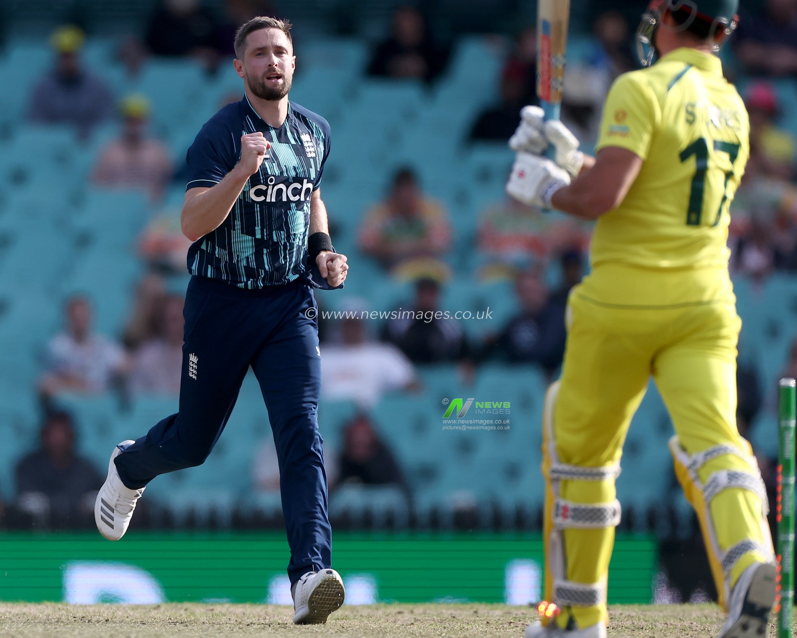 Chris Woakes of England celebrates after bowling out Marcus Stoinis of Australia during the Dettol Series 2nd ODI match Australia vs England at SCG, Sydney, Australia, 19th November 2022

(Photo by Patrick Hoelscher/News Images)