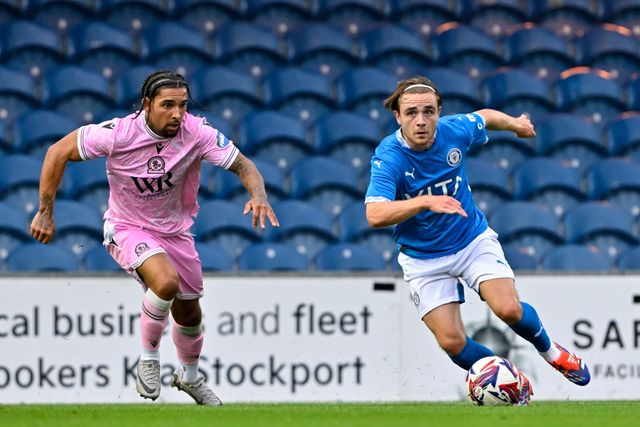 Lewis Bate of Stockport County breaks forwards with the ball during the Pre-season friendly match Stockport County vs Blackburn Rovers at Edgeley Park Stadium, Stockport, United Kingdom, 2nd August 2024

(Photo by Cody Froggatt/News Images)