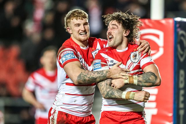 Joe Shorrocks of St Helens celebrates his try during the Betfred Super League match St Helens vs Leigh Leopards at The BrewDog Stadium, St Helens, United Kingdom on 20 February 2026

(Photo by Alfie Cosgrove/News Images)