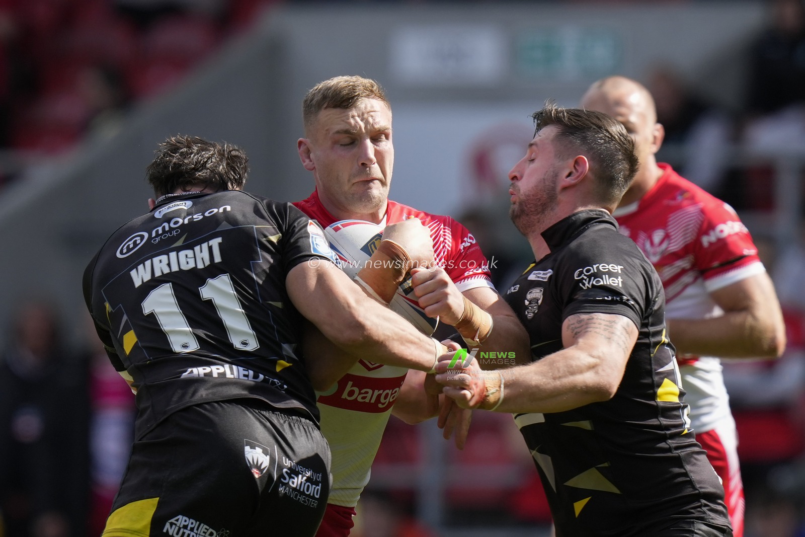 Matty Lees #10 of St Helens runs at Shane Wright #11 of Salford Red Devils during the Betfred Super League match St Helens vs Salford Red Devils at Totally Wicked Stadium, St Helens, United Kingdom, 17th September 2022

(Photo by Steve Flynn/News Images)