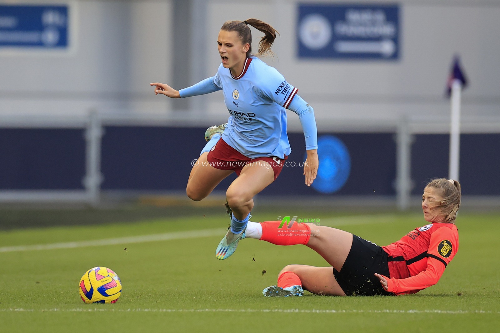 Kerstin Casparij #2 of Manchester City is fouled by Veatriki Sarri #7 of Brighton during The FA Women's Super League match Manchester City Women vs Brighton & Hove Albion W.F.C. at Etihad Campus, Manchester, United Kingdom, 4th December 2022

(Photo by Conor Molloy/News Images)
