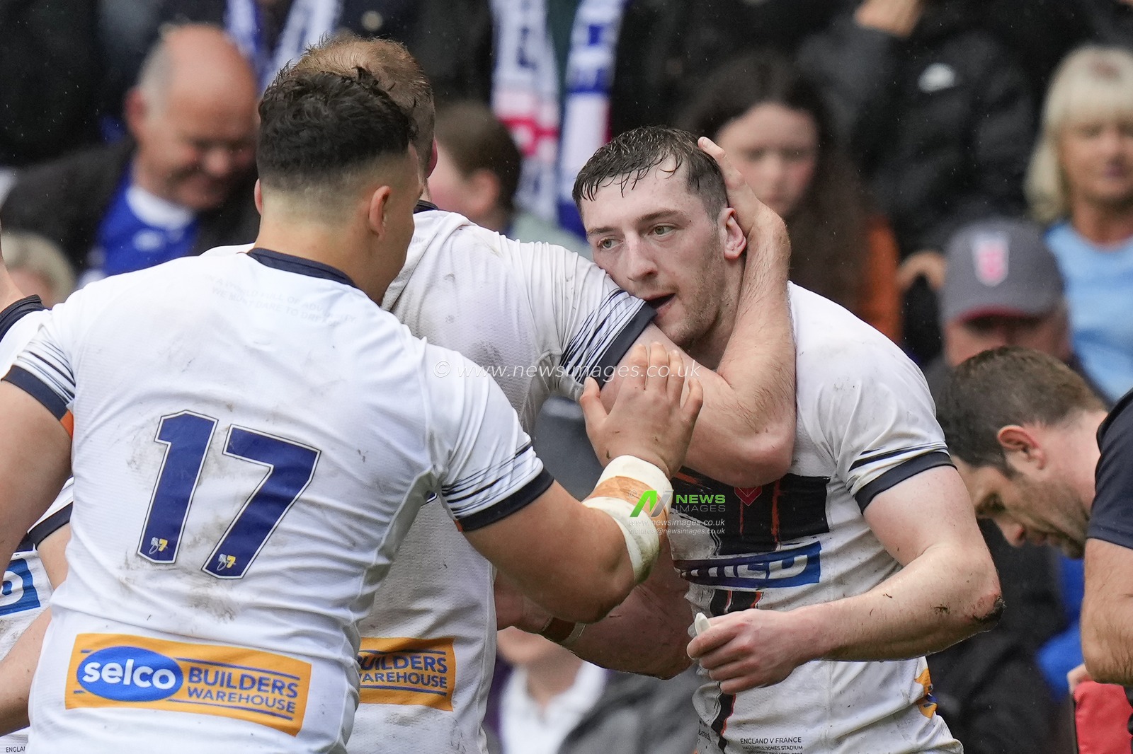 Tyler Dupree #17 of England celebrates with Jake Wardle #4 of England after his try during the Mid Season International match England vs France at Halliwell Jones Stadium, Warrington, United Kingdom, 29th April 2023

(Photo by Steve Flynn/News Images)