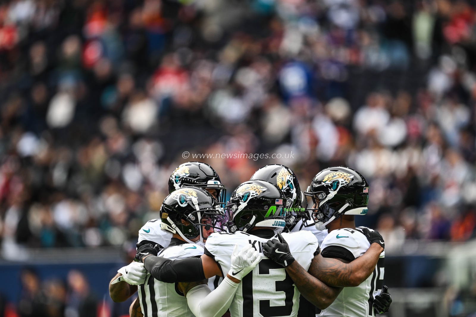 Jacksonville Jaguars player in a team huddle during the pre game warm up during the Week 6 match Chicago Bears vs Jacksonville Jaguars at Tottenham Hotspur Stadium, London, United Kingdom, 13th October 2024

(Photo by Craig Thomas/News Images)
