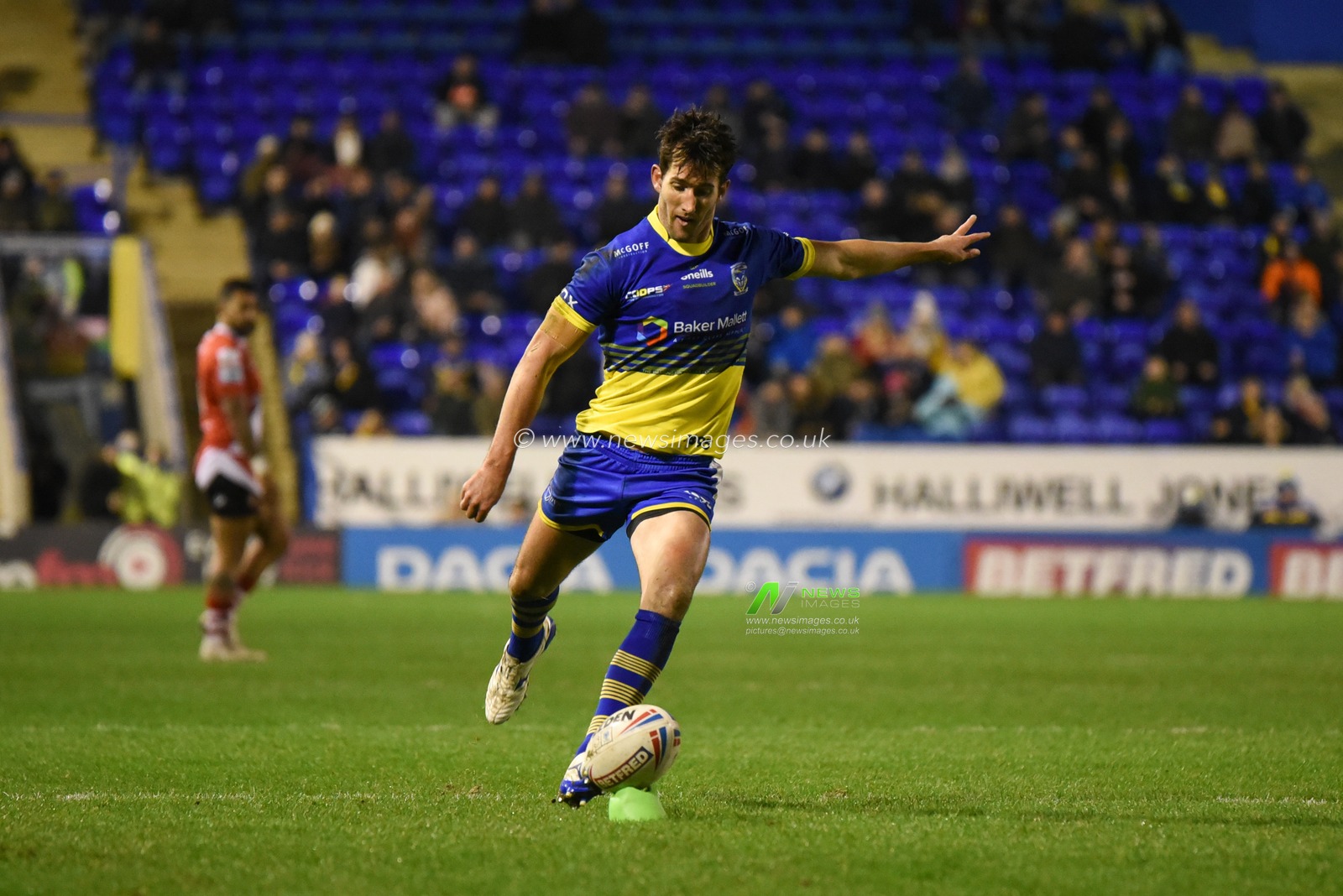 23rd January 2020, Halliwell Jones Stadium, Warrington, England; Rugby League Pre Season, Warrington Wolves v Salford Red Devils : Stefan Ratchford (1) of Warrington Wolves kicks a conversion