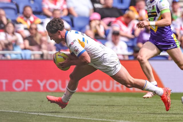 Brodie Croft of Leeds Rhinos goes over for a try during the Betfred Super League Magic Weekend match Leeds Rhinos vs Bradford Bulls at Hill Dickinson Stadium, Liverpool, United Kingdom on 05 July 2026

(Photo by Mark Cosgrove/News Images)