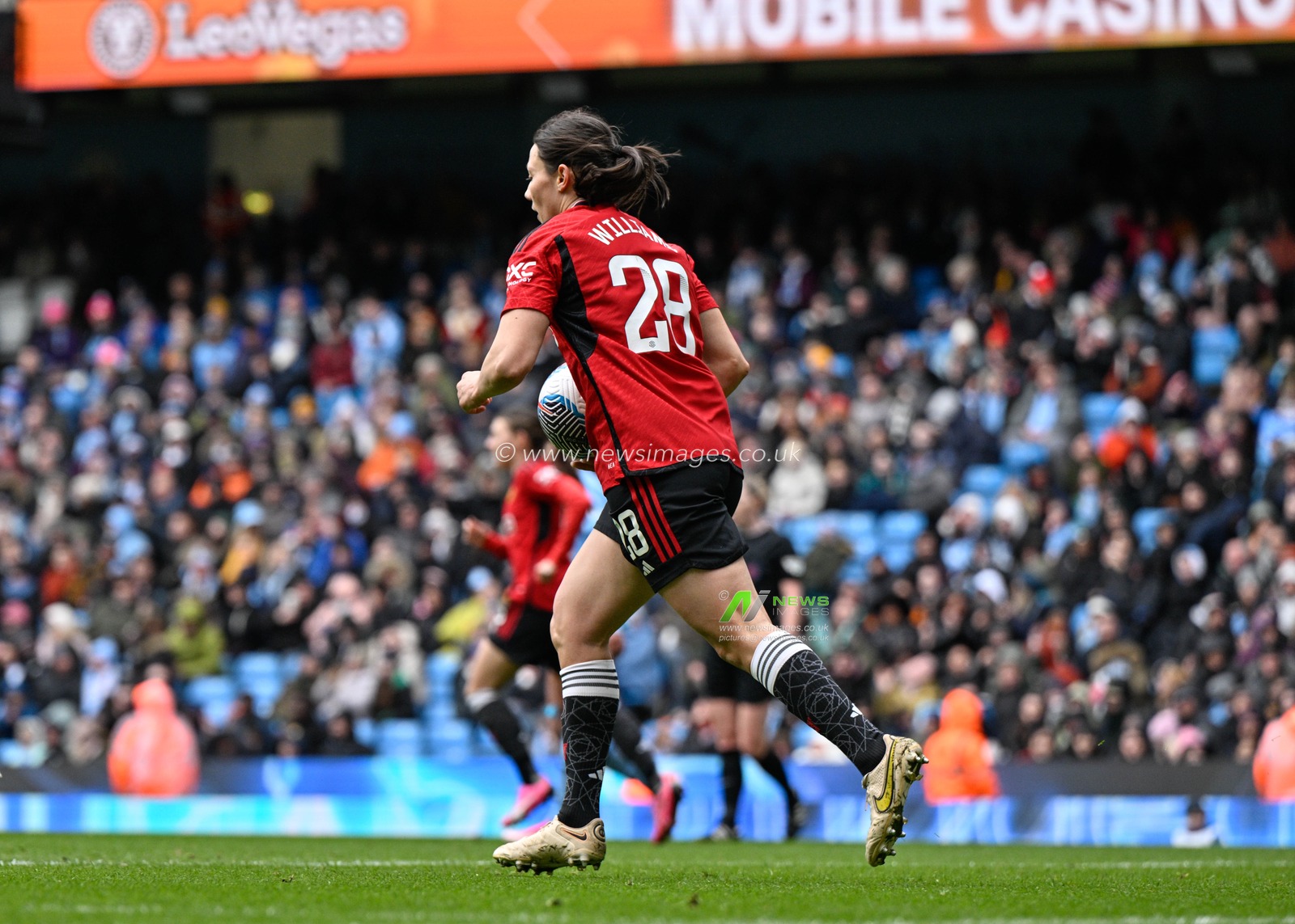 Rachel Williams of Manchester United Women collect the ball after Manchester United score to make it 3-1, during The FA Women's Super League match Manchester City Women vs Manchester United Women at Etihad Stadium, Manchester, United Kingdom, 23rd March 2024

(Photo by Cody Froggatt/News Images)