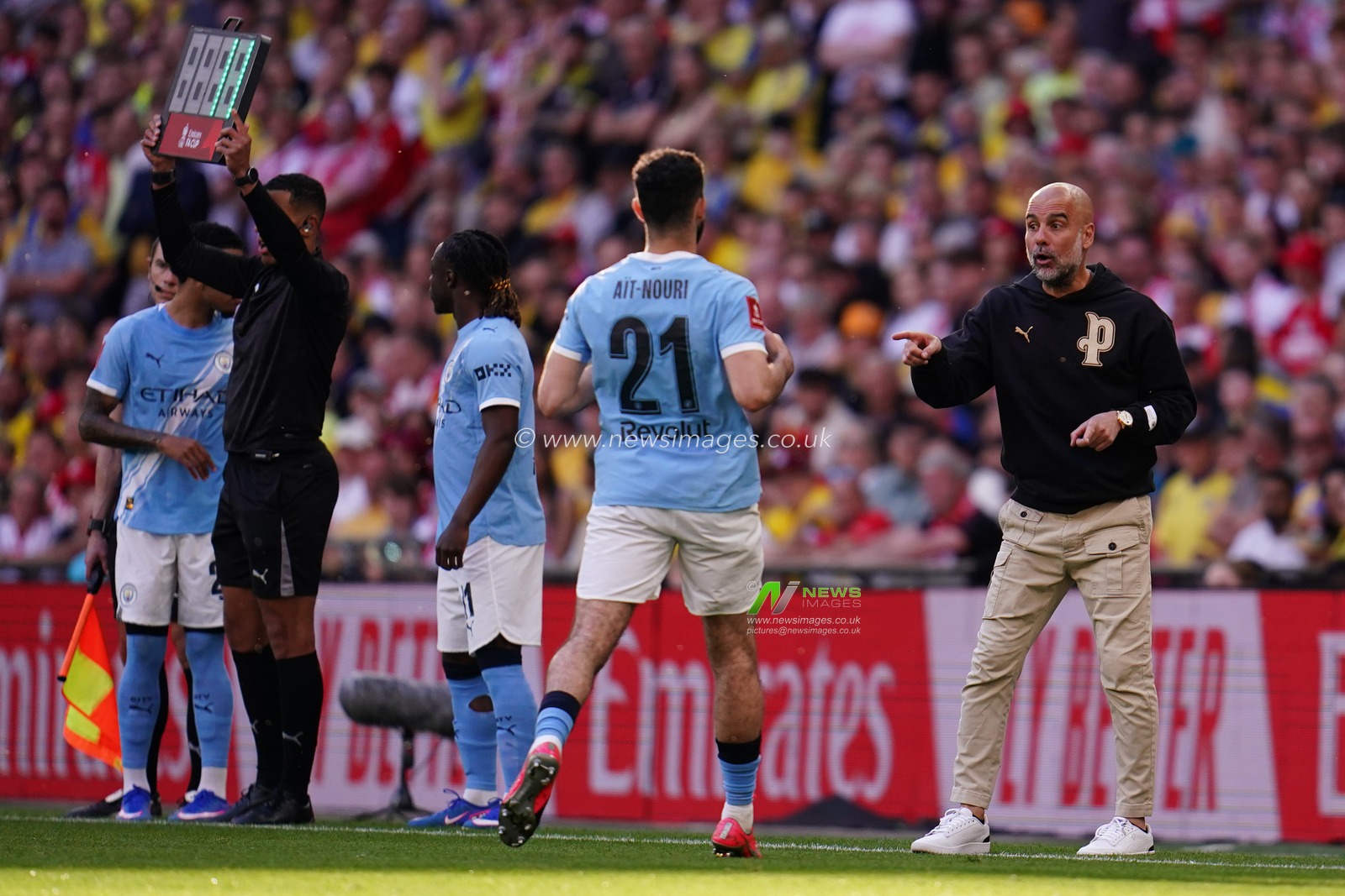 Josep Guardiola manager of Manchester City gives instructions out to Rayan Ait-Nouri of Manchester City during the Emirates FA Cup Semi-Final match Manchester City vs Southampton at Wembley Stadium, London, United Kingdom on 25 April 2026

(Photo by Harvey Murphy/News Images)