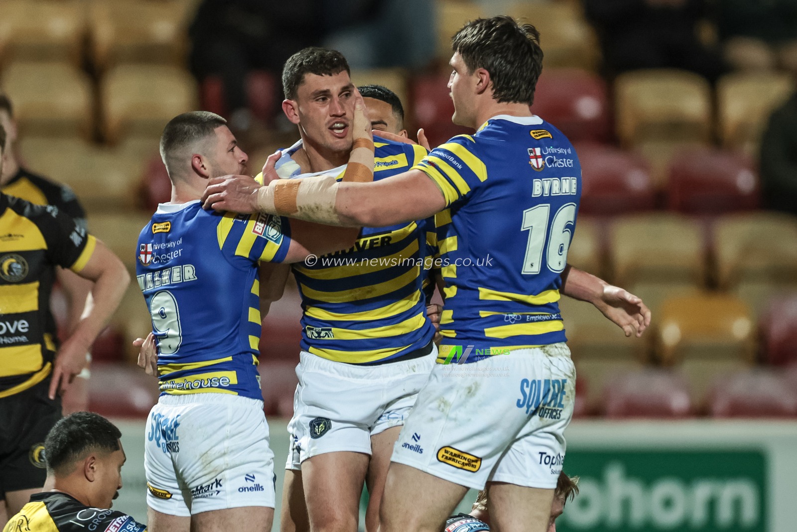 Sam Stone of Warrington Wolves celebrates his try during the Betfred Super League Round 4 match York Knights vs Warrington Wolves at LNER Community Stadium, York, United Kingdom on 06 March 2026

(Photo by Mark Cosgrove/News Images)