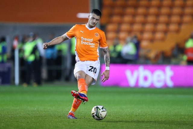 Oliver Casey of Blackpool passes the ball during the Carabao Cup match Blackpool vs Sheffield Wednesday at Bloomfield Road, Blackpool, United Kingdom, 17th September 2024

(Photo by Gareth Evans/News Images)
