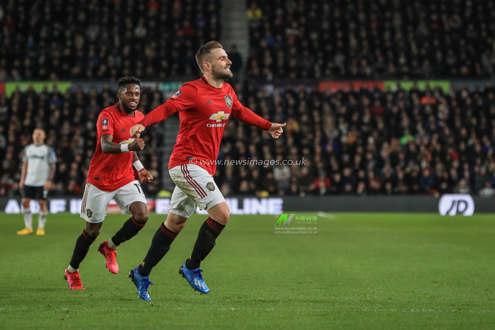 5th March 2020, Pride Park Stadium, Derby, England; Emirates FA Cup 5th Round, Derby County v Manchester United : Luke Shaw (23) of Manchester United celebrates his goal to make it 0-1