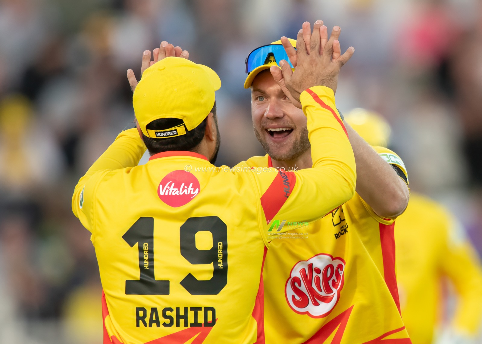 Rashid KHAN of Trent Rockets celebrates with Sam COOK of Trent Rockets during the The Hundred match Trent Rockets vs London Spirit at Trent Bridge, Nottingham, United Kingdom, 6th August 2024

(Photo by Mark Dunn/News Images)