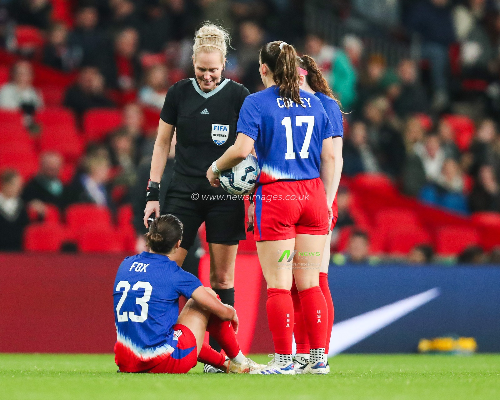 Emily Fox of United States goes down with injury during the Women's International Friendly match England vs United States at Wembley Stadium, London, United Kingdom, 30th November 2024

(Photo by Izzy Poles/News Images)