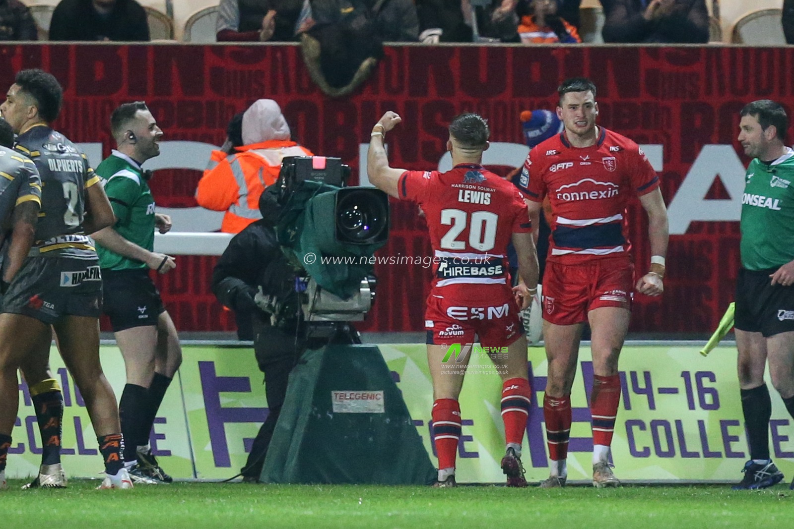 Mikey Lewis #20 of Hull KR celebrates Sam Wood #24 of Hull KR scoring his try