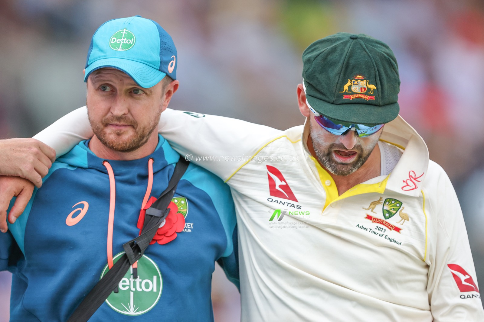 Nathan Lyon of Australia leaves the field of play injured during the LV= Insurance Ashes Test Series Second Test Day 2 England v Australia at Lords, London, United Kingdom, 29th June 2023

(Photo by Mark Cosgrove/News Images)