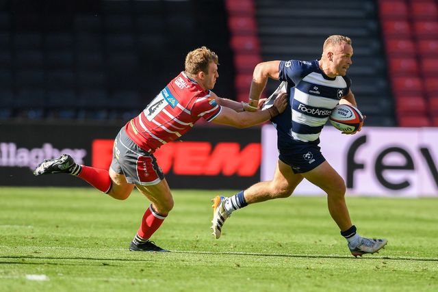 James Williams of Bristol Bears run with the ball while being tackled by Ollie Thorley of Gloucester Rugby during the Prem Rugby Cup match Bristol Bears vs Gloucester at Ashton Gate, Bristol, United Kingdom on 05 September 2026

(Photo by Alex Williamson/News Images)