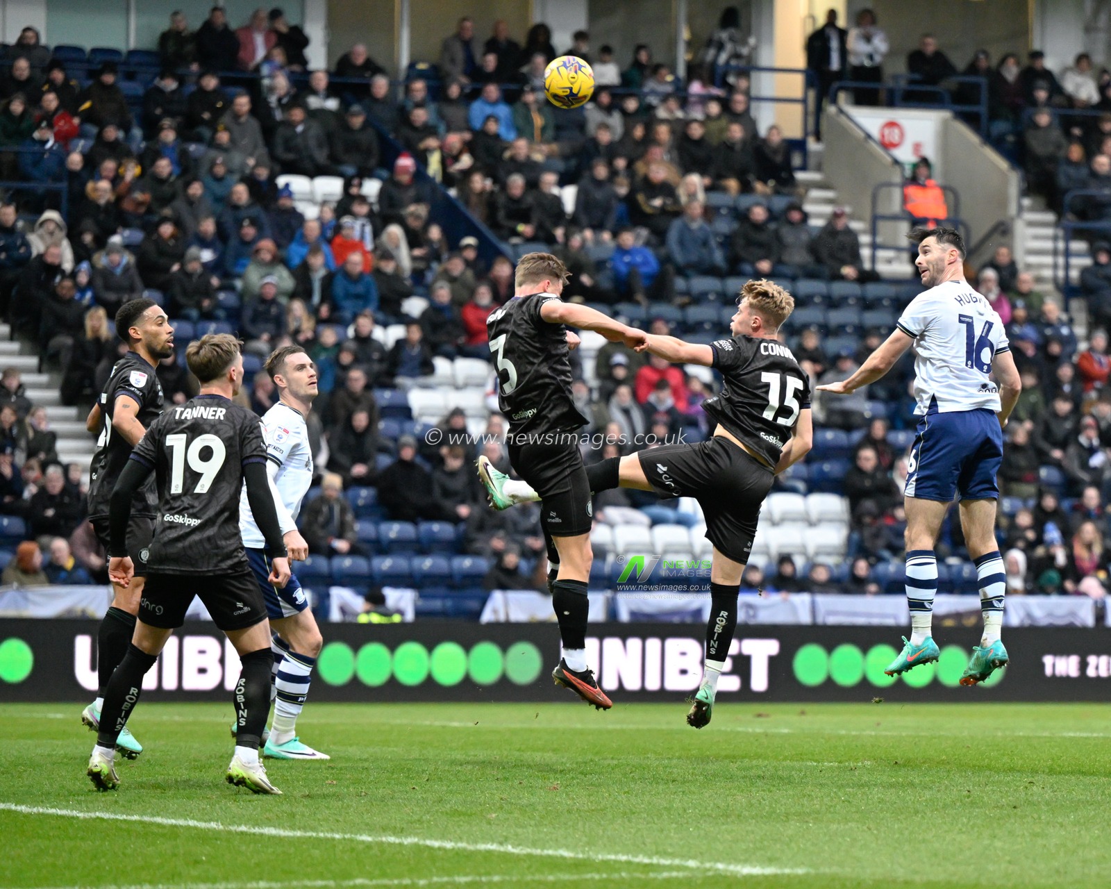 Andrew Hughes of Preston North End heads the ball towards goal, during the Sky Bet Championship match Preston North End vs Bristol City at Deepdale, Preston, United Kingdom, 13th January 2024

(Photo by Cody Froggatt/News Images)