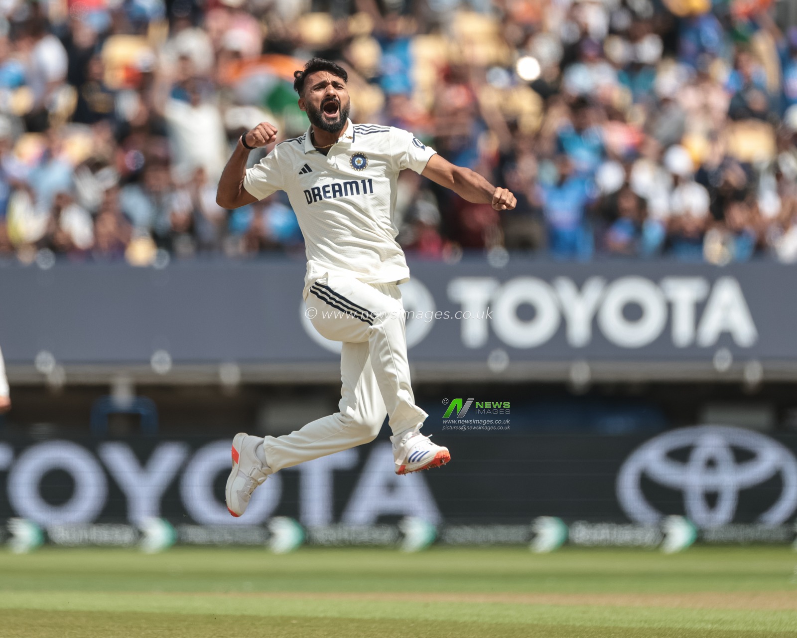 Akash Deep of India jumps high into the air as he celebrates the wicket of Ollie Pope of England during the 2nd Rothesay Test Match day 5 England v India at Edgbaston, Birmingham, United Kingdom, 6th July 2025

(Photo by Mark Cosgrove/News Images)
