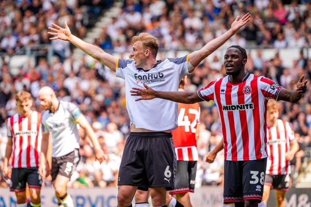 Sondre Langas of Derby County and Femi Seriki of Sheffield United react during the Sky Bet Championship match Derby County vs Sheffield United at Pride Park Stadium, Derby, United Kingdom on 02 May 2026

(Photo by Maynard Manyowa/News Images)