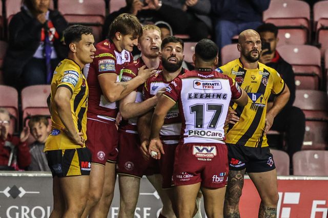 Abbas Miski of Wigan Warriors celebrates his try to make it 38-0 during the Betfred Super League Round 26 match Wigan Warriors vs Castleford Tigers at The Brick Community Stadium, Wigan, United Kingdom, 12th September 2025

(Photo by Alfie Cosgrove/News Images)