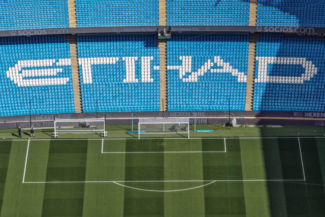 Etihad is spelt out in white seats during the Premier League match Manchester City vs Arsenal at Etihad Stadium, Manchester, United Kingdom on 19 April 2026

(Photo by Mark Cosgrove/News Images)