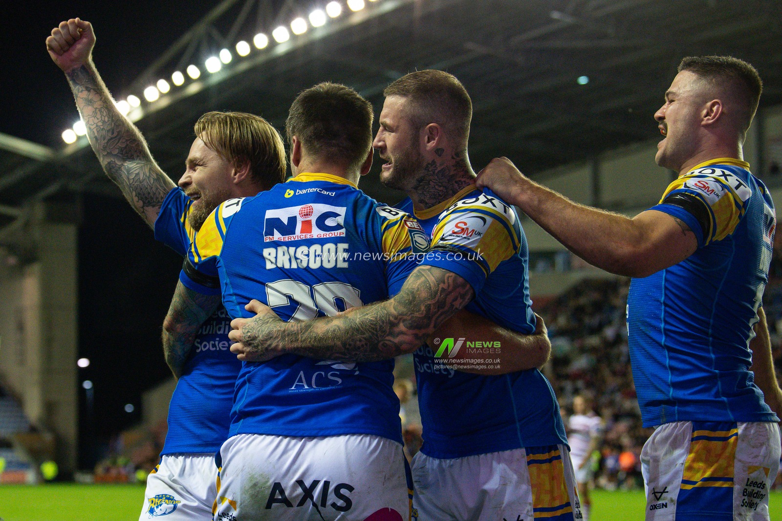 Blake Austin #6 of Leeds Rhinos leads the celebrations at the end of the  Betfred Super League match Wigan Warriors vs Leeds Rhinos at DW Stadium, Wigan, United Kingdom, 16th September 2022

(Photo by Craig Thomas/News Images)