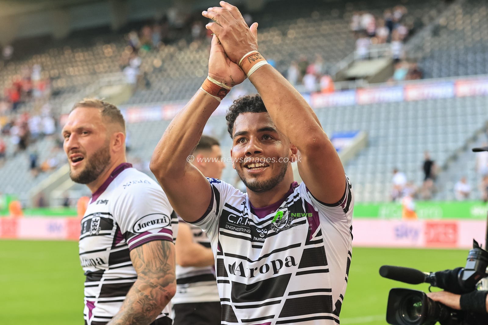Darnell McIntosh #5 of Hull FC applauds the fans after FC win Hull KR