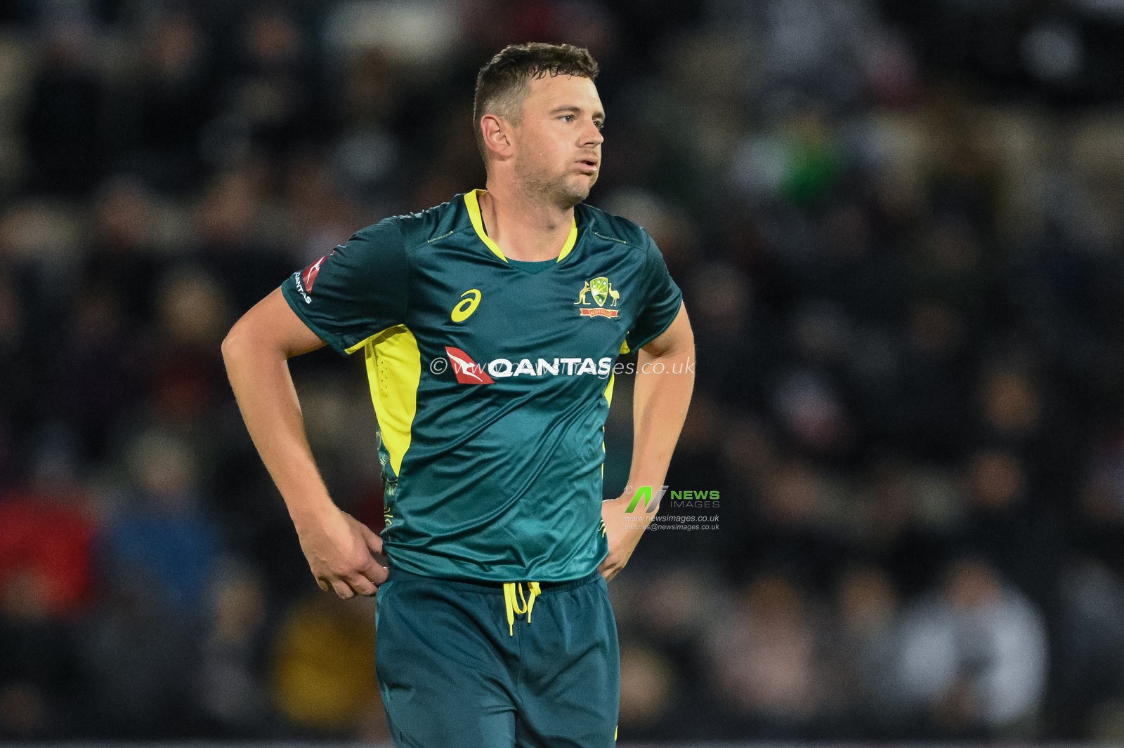 Josh Hazlewood of Australia reacts ,Josh Hazlewoodduring the First Vitality IT20 Series match England vs Australia at The Utilita Bowl, Southampton, United Kingdom, 11th September 2024

(Photo by Craig Thomas/News Images)