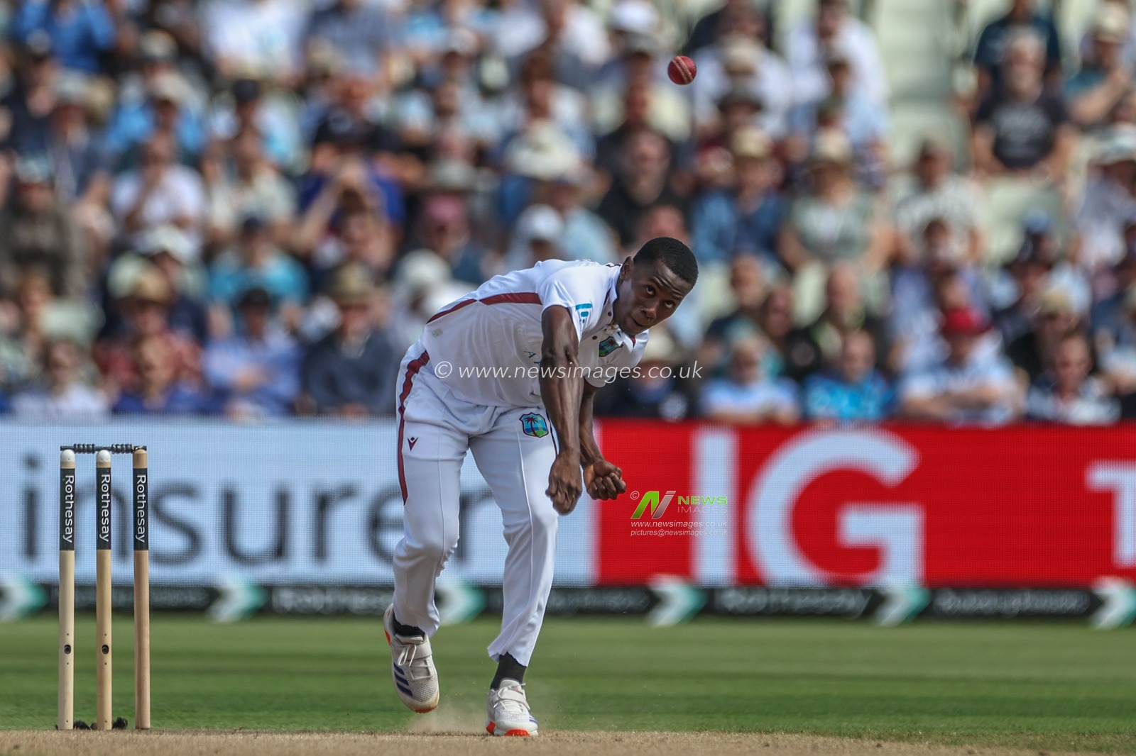 Shamar Joseph of West Indies delivers the ball during Day Two of the Rothesay Test match England vs West Indies at Edgbaston, Birmingham, United Kingdom, 27th July 2024

(Photo by Mark Cosgrove/News Images)